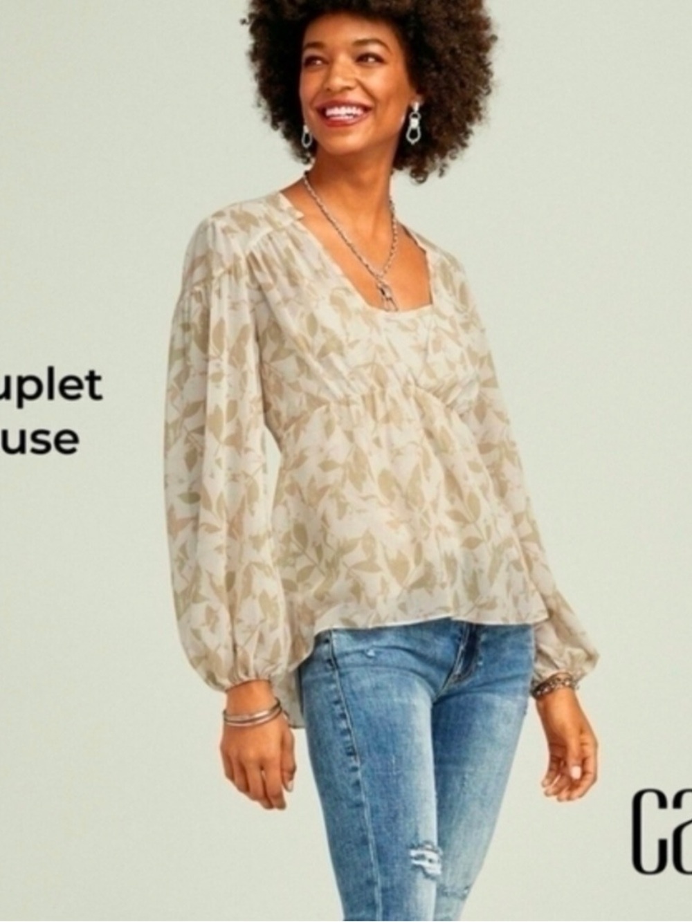 CAbi Couplet Blouse-Cream Floral Sheer Peasant Blouse Size S
